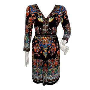 ECI Dress, M, Black/Multicolor Print, V-neckline, Attached Tie Back, 3/4 sleeve